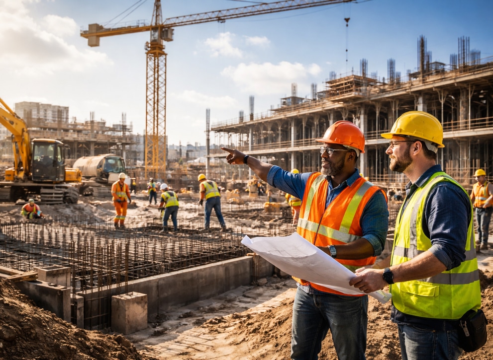 Construction workers coordinating tasks on an active job site with heavy equipment and structural framing.