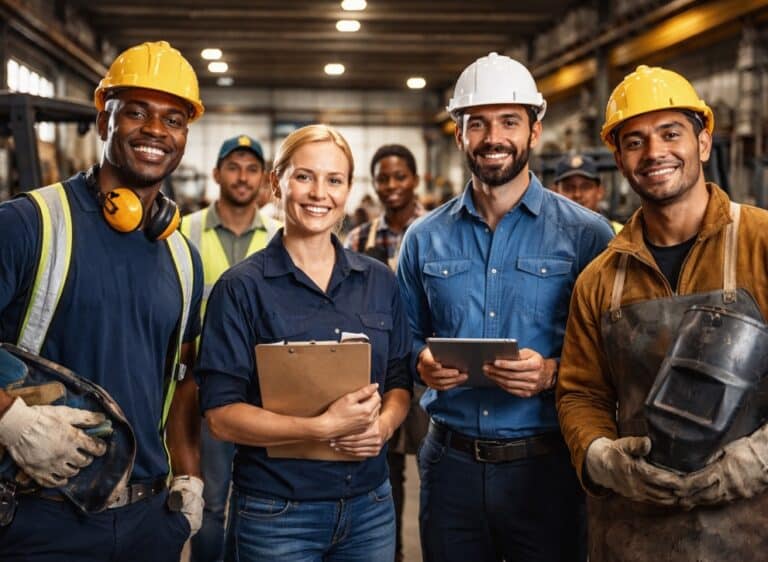 Industrial workers team in Warehouse representing job placement in Manufacturing and Skilled Trades